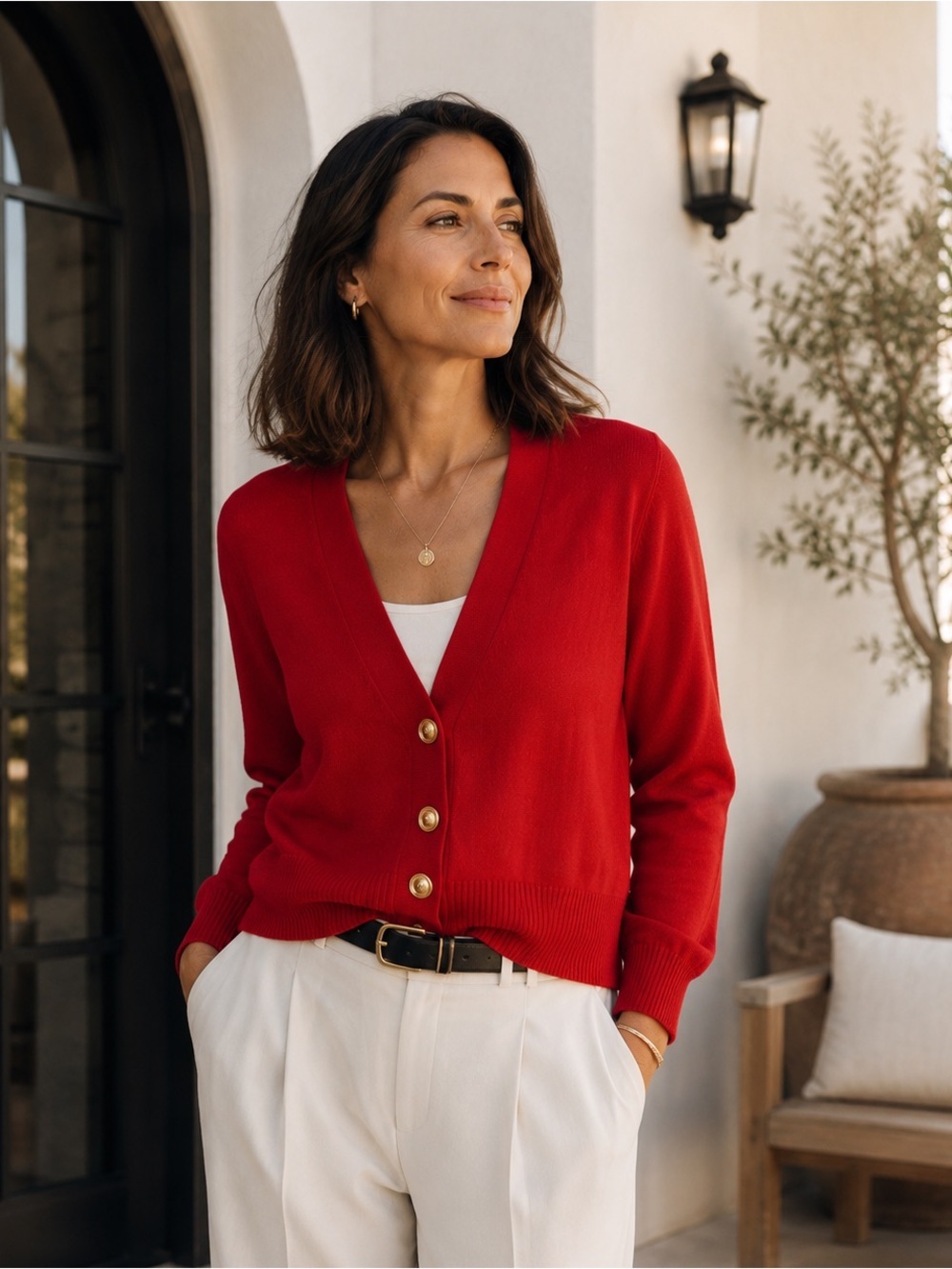 Vintage Red Cotton Cardigan Large Gold Button Preppy Classic Academia Relaxed